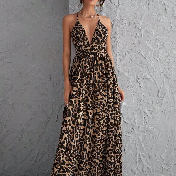 Multicolor Sexy Women's Plunging Neck Crisscross Open Back Leopard Print Dress - Picture 5 of 6